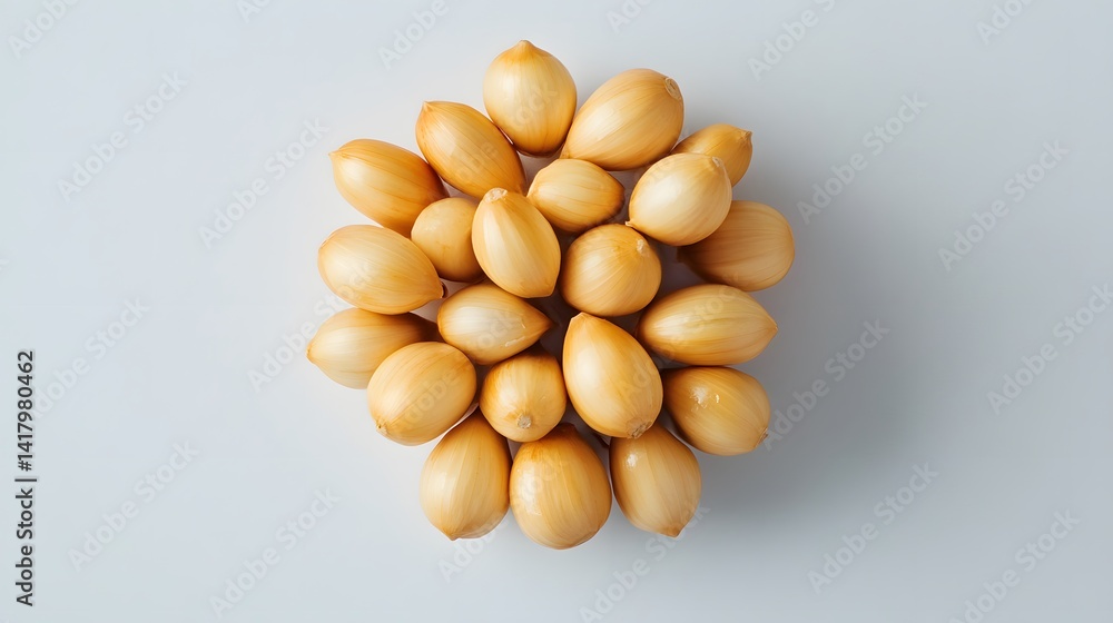 Poster a cluster of small, golden yellow onions arranged in a circular pattern against a light gray backgro