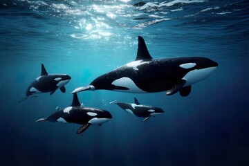 Pod of Orcas Swimming Gracefully in the Deep Blue Ocean With Sun Reflections
