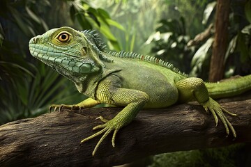 Obraz premium Striking Green Iguana Portrait Resting on Branch Against Lush Jungle Backdrop