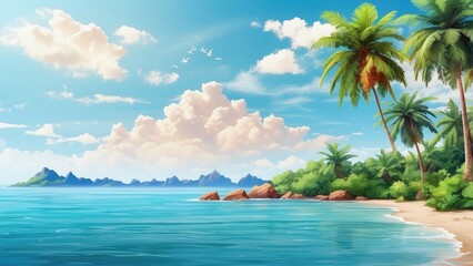 A serene tropical beach scene featuring a calm turquoise lagoon bordered by soft white sand