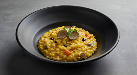 Exquisite Saffron Risotto Garnished With Truffle Served On Dark Ceramic Plate