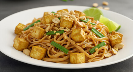 Pad Thai With Tofu, Peanuts, and Lime On a White Plate