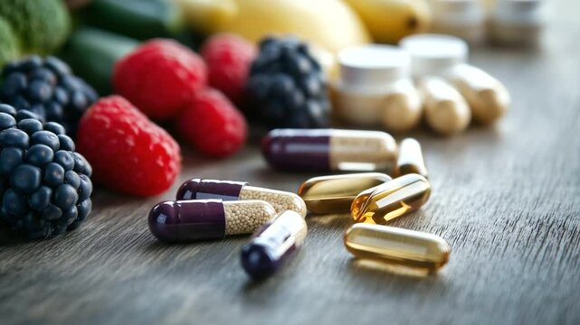 Close-up of colorful fruits and vegetables arranged on a wooden surface, with vitamin supplements beside them, showcasing fresh organic produce to boost immunity