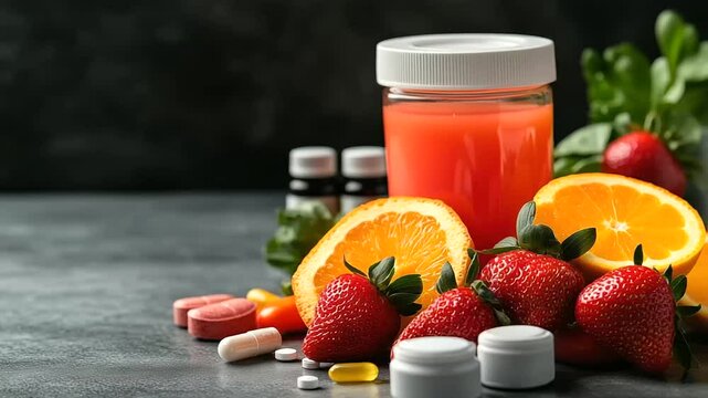 A selection of organic, colorful produce such as strawberries, bell peppers, and oranges next to a glass of fresh juice and immunity-boosting vitamin bottles