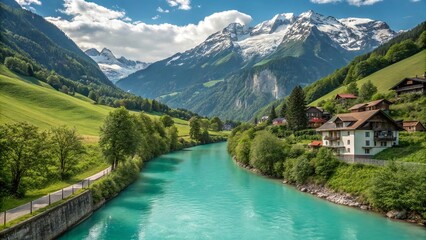 Fototapeta premium Turquoise River Winding Through Lush Valley with Mountain Views 39