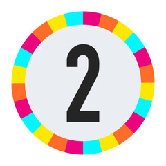 black number “2” on light background with vibrant multicolor circle frame