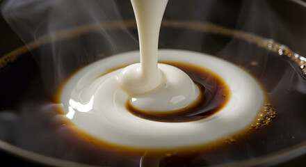 Cream Being Poured In Dark Hot Coffee With Steam Close Up Shot