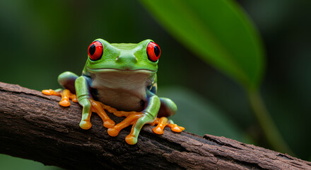 Fototapeta premium Vibrant Red Eyed Tree Frog Perched on a Branch in Lush Rainforest