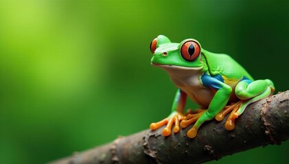 Naklejka premium Green tree frog perched on white, vibrant details, bright, macro photography
