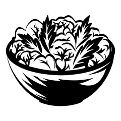 Bowl of Fresh Salad Black and White Graphic Vector Illustration