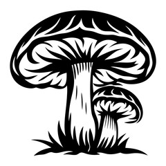 Stylized black and white mushroom duo growing in the forest floor illustration