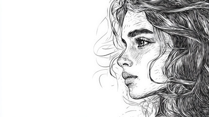 Fototapeta premium Elegant Woman's Profile Sketch. A profile portrait of a woman with long flowing hair, rendered in a detailed sketch style with a focus on the face.