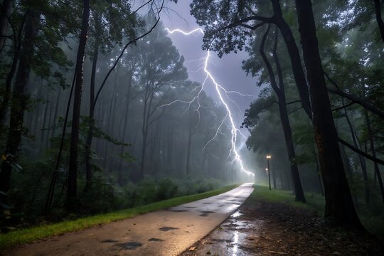 Lightning illuminating a dense forest trail, rain pouring over the path and leaves shining