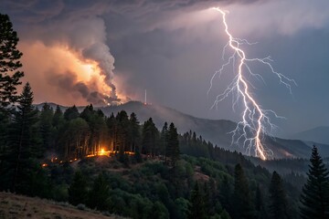 Lightning hits a mountaintop forest during a storm, smoke rising from the tree, cinematic style