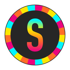Rainbow Gradient CAPITAL Letter S on Light Background with Multicolor Circle Frame, enclosed in a black frame.