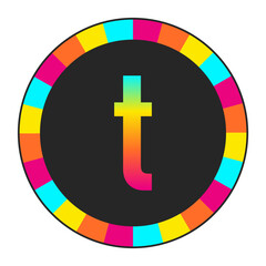 Rainbow Gradient lowercase Letter t on Light Background with Multicolor Circle Frame, enclosed in a black frame.