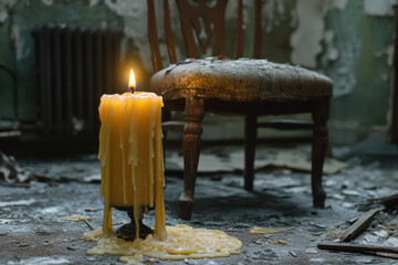 Lit candle in room with chair.