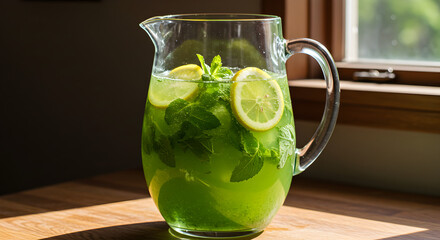 Refreshing Lemonade Pitcher With Fresh Mint and Lemon Slices Near Window
