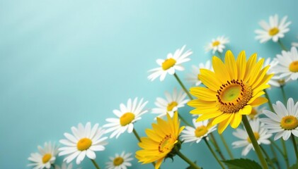 One bright yellow sunflower amongst white daisies, noticeable, field, botany