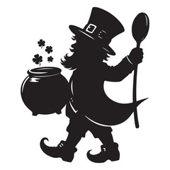Leprechaun Silhouette with Pot of Gold and Spoon Illustration