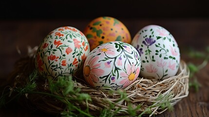 A charming composition of four painted Easter eggs, comfortably located in a nest of straw and green twigs on a wooden surface.