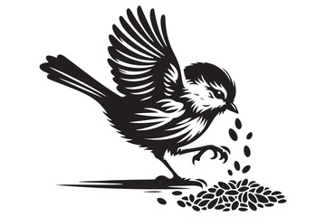 Small Bird Silhouette Eating Seeds Illustration Vector Graphics