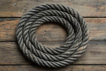 Obraz premium Rope coiled neatly on weathered wood.