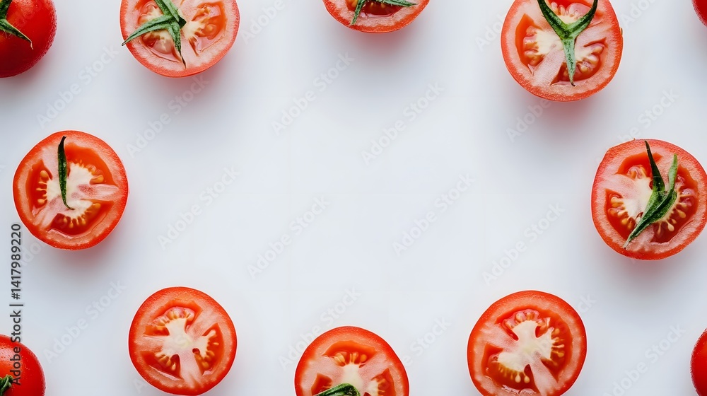 Aufkleber halved red tomatoes arranged in a circular frame on a white background, leaving space in the center.
