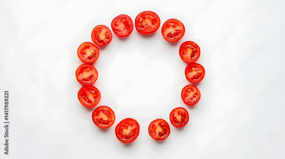 Poster a circle of halved cherry tomatoes arranged on a white background, creating a vibrant and visually a