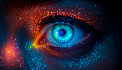 Obraz premium close-up pupil of woman's eye glows in darkness, creative colorful bright 