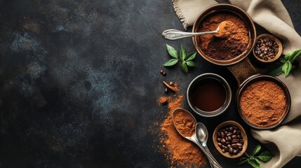 Rustic coffee setup with spices on dark background