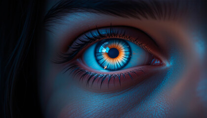 Fototapeta premium close-up pupil of woman's eye glows in darkness, creative colorful bright 