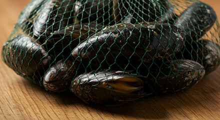 Naklejka premium Fresh Mussels In a Green Net Bag Ready For Cooking On Wooden Table