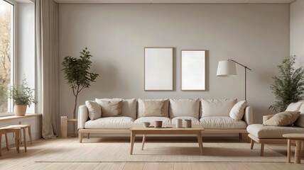 An empty photo frames on the living room wall 3d illustration image.