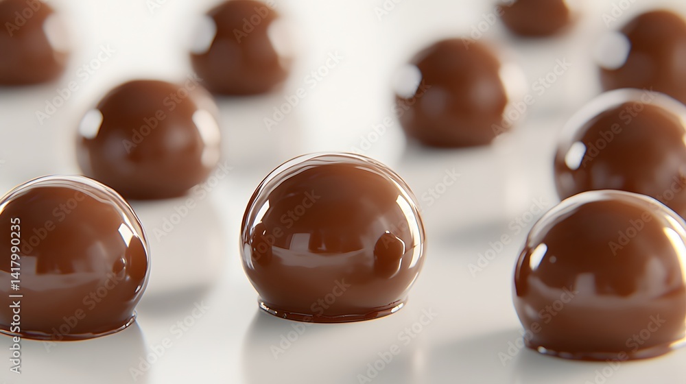 Poster close-up of glossy, milk chocolate truffles arranged on a white surface. the rich brown color and sm