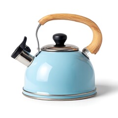 Light blue kettle with wooden handle on white background