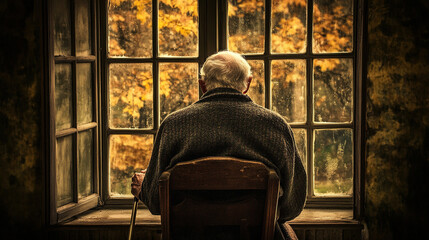Contemplative solitude: elderly man reflecting by the window in autumn mood