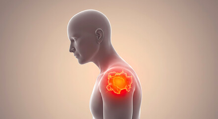 Shoulder pain anatomy red glow indicating injury inflammation concept
