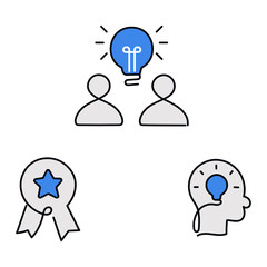 Brand Awareness Concept Icon. Monoline Style Graphic of Team Brainstorming, Recognition Badge, and Innovation Thinking. Editable Stroke.