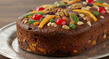 Festive Fruitcake With Colorful Toppings Sitting On A Silver Platter