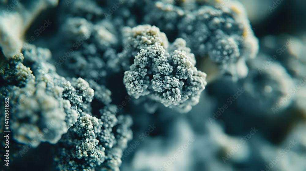 Poster close-up shot of a teal-colored, textured surface resembling a cluster of tiny, delicate flowers or 