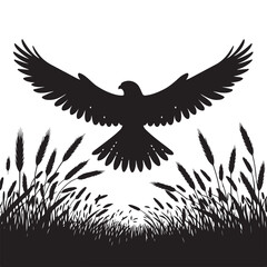 Majestic Black Hawk Silhouette Soaring Over Golden Wheat Field Art