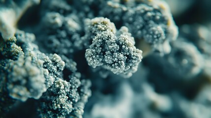 Close-up shot of a teal-colored, textured surface resembling a cluster of tiny, delicate flowers or crystals. The intricate details and soft focus create a captivating, abstract image.