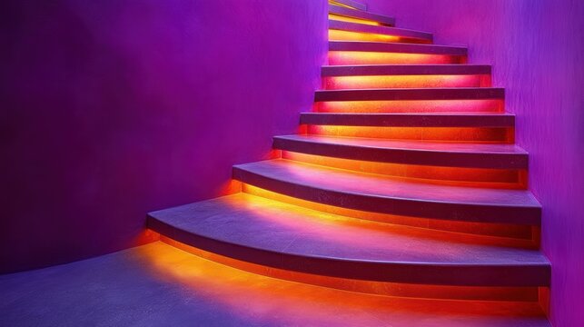 Illuminated curved staircase with vibrant purple wall and colorful LED lighting.