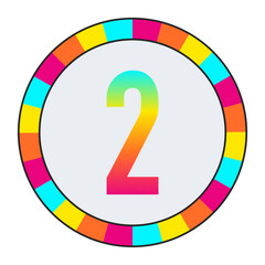 Rainbow Gradient number “2” on Dark Background with Multicolor Circle Frame, enclosed in a black frame.