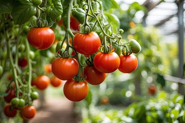 A close-up of vibrant red tomatoes hanging in a greenhouse, clustered on a green vine with lush, green leaves