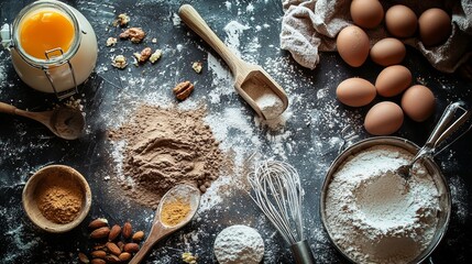 Baking tools and flour on messy dark surface