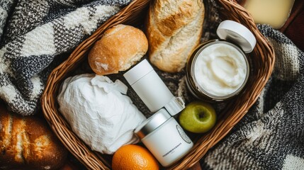 Wicker Basket of Bread Rolls Cream and Fruit Cozy Autumnal Still Life