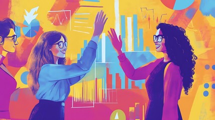 Female founders high-fiving each other after reviewing successful performance reports