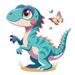 Fototapeta premium baby velociraptor playing with butterfly, cartoon dinosaur, pastel vector art, flat design, cute prehistoric creature